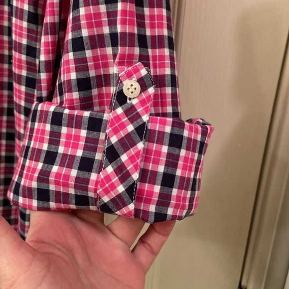 NWOT Talbots Plaid Blouse Pink Black White Button Down Roll up Sleeves WM SZ L - Picture 8 of 12